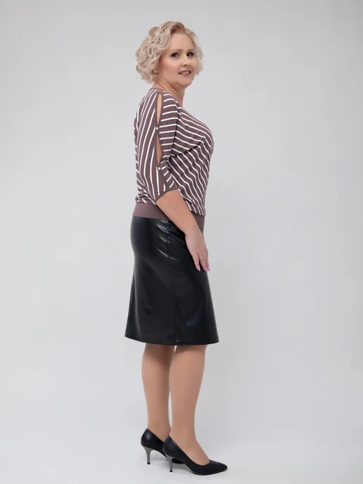 BLOOM collection Юбка кожаная черная офисная с разрезом большие размеры, черный, фото 3