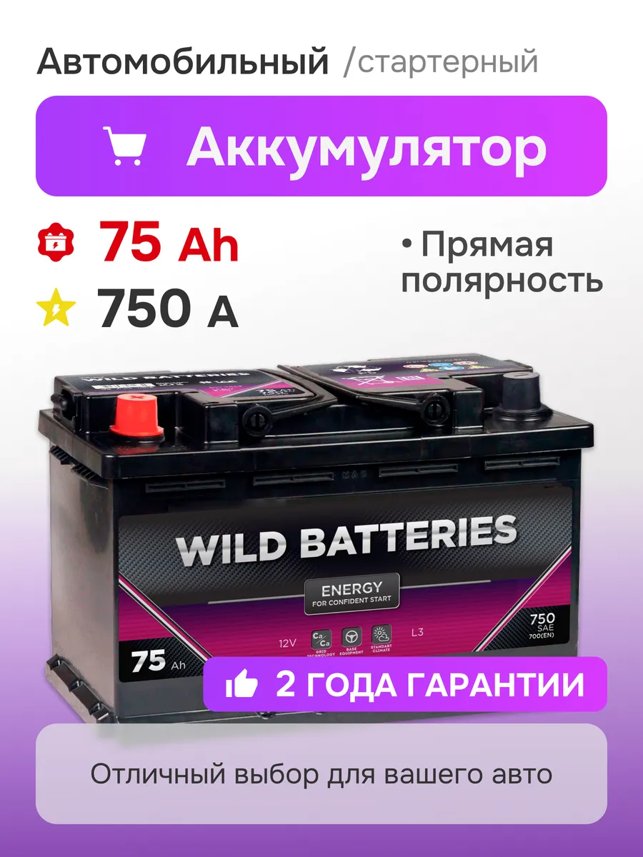 Аккумулятор автомобильный 75 Ач 750 А прямая полярность