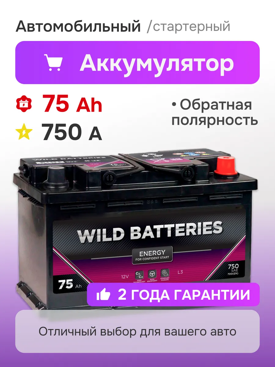 Аккумулятор автомобильный 75 Ач 750 А обратная полярность