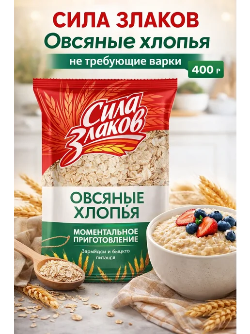 Сила злаков Хлопья овсяные 400 гр, 400 г