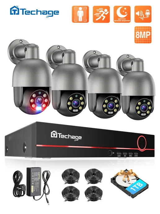 Techage Система видеонаблюдения уличная HD 8 камер 4K c 1ТБ HDD, 1 ТБ