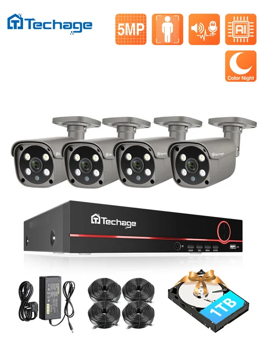 Techage Комплект видеонаблюдения IP на 4 камеры POE 5Мп (c HDD 1Тб), 1 ТБ