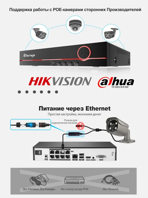 Techage Видеорегистратор для видеонаблюдения H.265 POE с hdd 4T, черный, фото 4