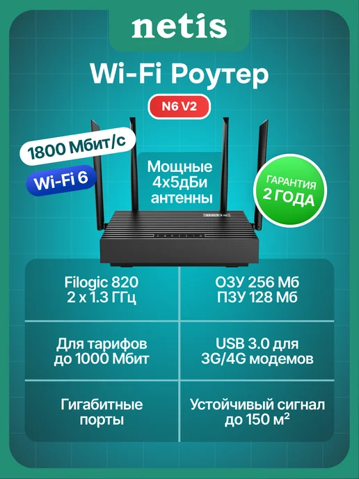 NETIS Роутер Wi-fi N6 3G 4G, двухдиапазонный на 4 антенны, 3 г, 4 г
