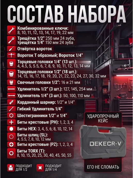 DEKECR-V Набор инструментов для авто профессиональный 82 предмета, 82 предмета, фото 3