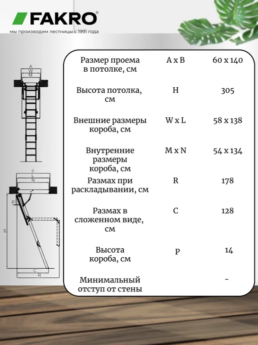 FAKRO Лестница чердачная с люком складная LMK 60*140*305, 60x140, фото 2