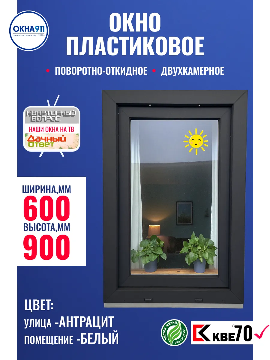 Окно пластиковое антрацит ш.600 в.900мм серая сетка