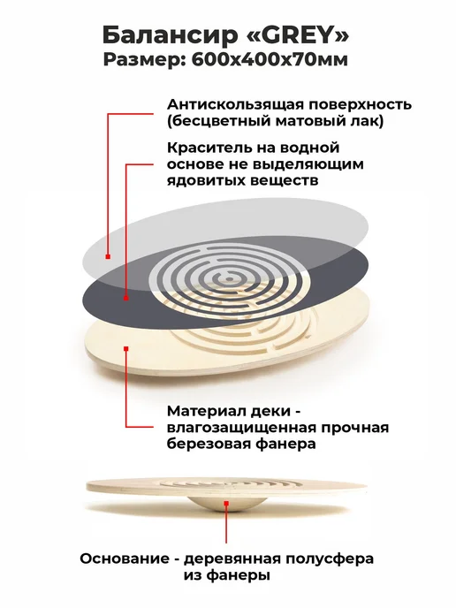 АзбукаДекор Балансборд деревянный детский тренажер балансир для фитнеса, серый, фото 3