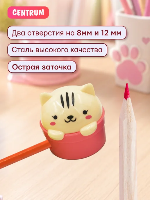 centrum Точилка для карандашей для школы с контейнером двойная Котик, голубой, фото 3