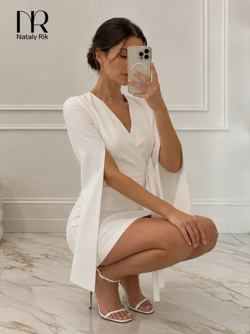Nataly Rik Вечернее праздничное короткое платье кимоно на запах, белый