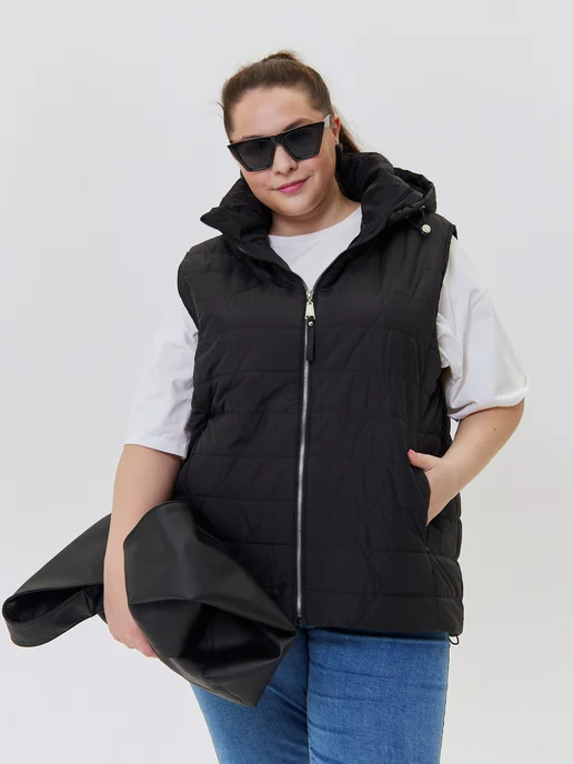 Stylish Plus Size Жилетка больших размеров демисезонная, капюшон съемный, черный, фото 3
