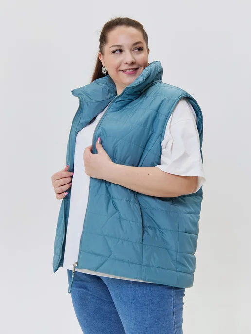 Stylish Plus Size Жилетка безрукавка больших размеров утепленная на осень, голубой, фото 2