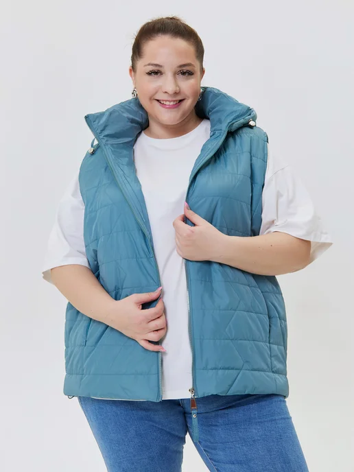 Stylish Plus Size Жилетка безрукавка больших размеров утепленная на осень, голубой, фото 3