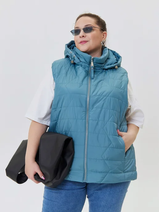 Stylish Plus Size Жилетка безрукавка больших размеров утепленная на осень, голубой, фото 4