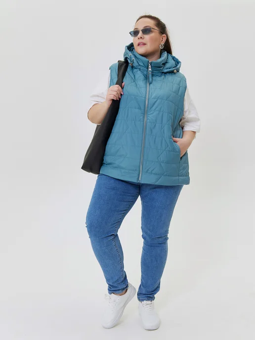 Stylish Plus Size Жилетка безрукавка больших размеров утепленная на осень, голубой, фото 5