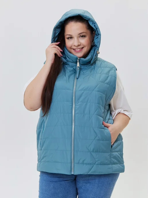 Stylish Plus Size Жилетка безрукавка больших размеров утепленная на осень, голубой, фото 6