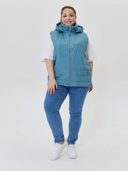 Stylish Plus Size Жилетка безрукавка больших размеров утепленная на осень, голубой, фото 7