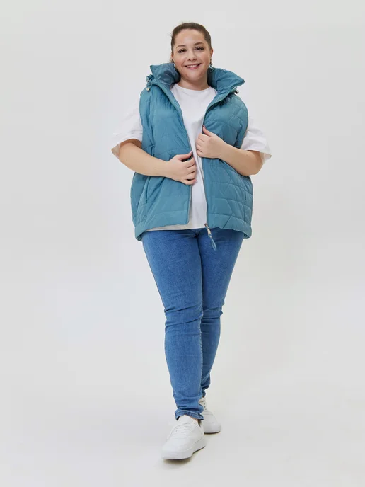 Stylish Plus Size Жилетка безрукавка больших размеров утепленная на осень, голубой, фото 8