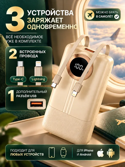 Maimi Повербанк 30000 mah мощный с быстрой зарядкой и проводами, 30000 мАч, фото 2
