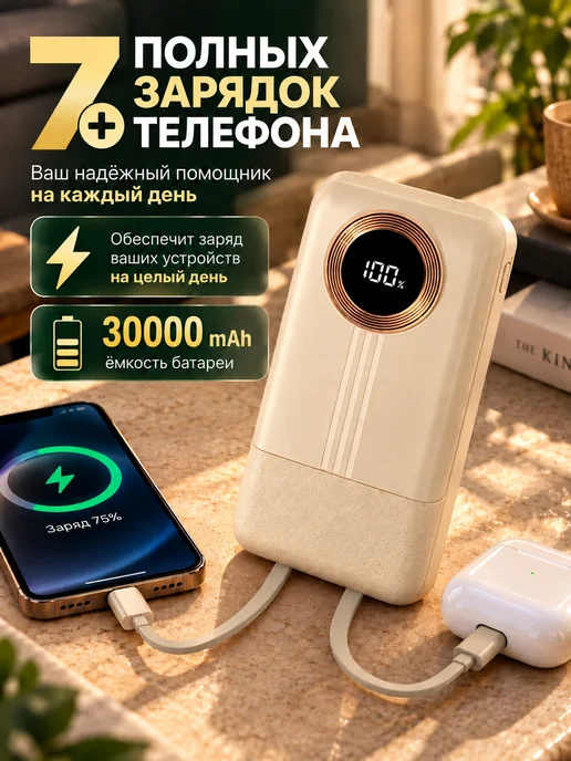 Maimi Повербанк 30000 mah мощный с быстрой зарядкой и проводами, 30000 мАч, фото 3