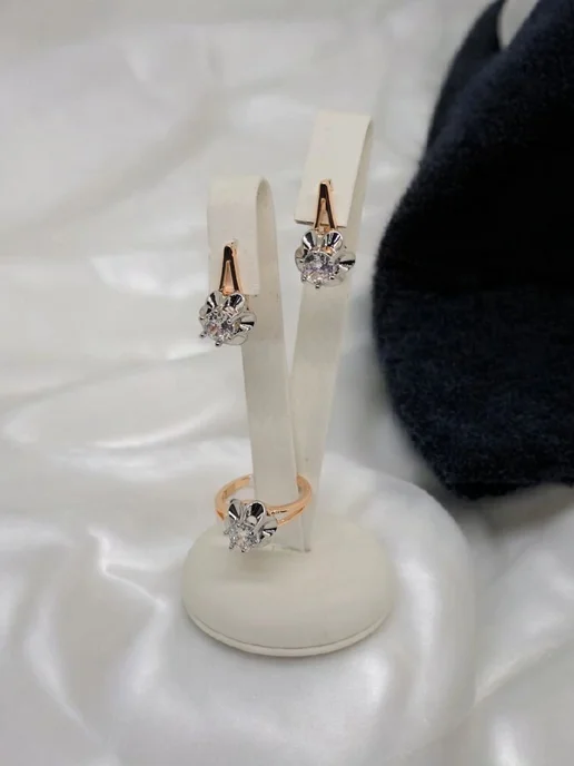 DIAMOND COLLECTION Комплект бижутерии серьги и кольцо цветок, серый, фото 3
