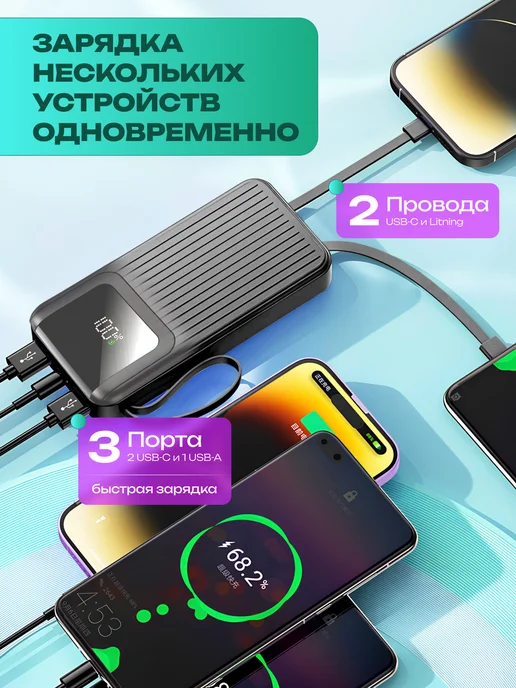YOSONDA Power Bank 20000 с проводами для телефона iPhone и Андроид, черный, фото 2