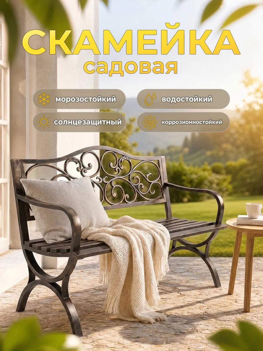 Скамейка садовая со спинкой уличная, металлический