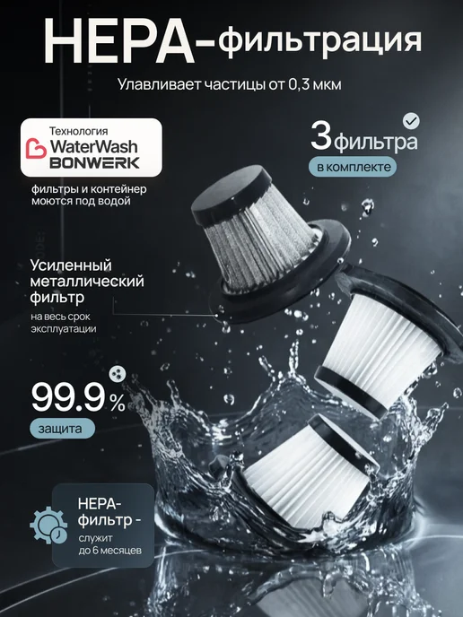 BONWERK Пылесос для автомобиля беспроводной мощный с насадками, вариант, фото 6