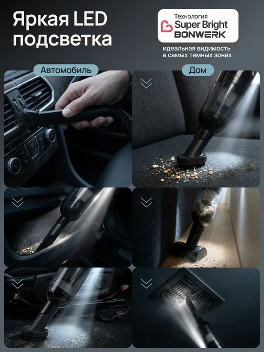 BONWERK Пылесос для автомобиля беспроводной мощный с насадками, вариант, фото 8