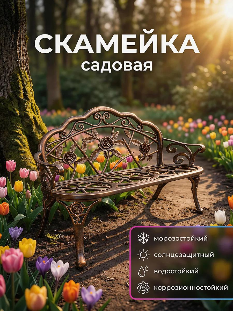 Скамейка садовая со спинкой уличная, металлический