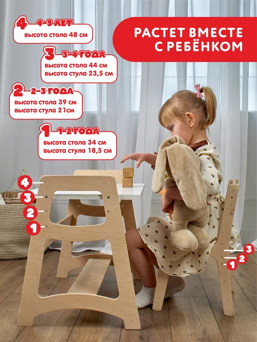 WOODYKID Комплект мебели растущий, детский стул и стол, белый, фото 2