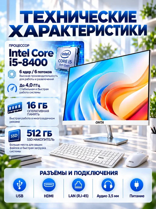 Моноблок компьютер мощный Intel i5-8400 для работы и учёбы, черный, фото 2