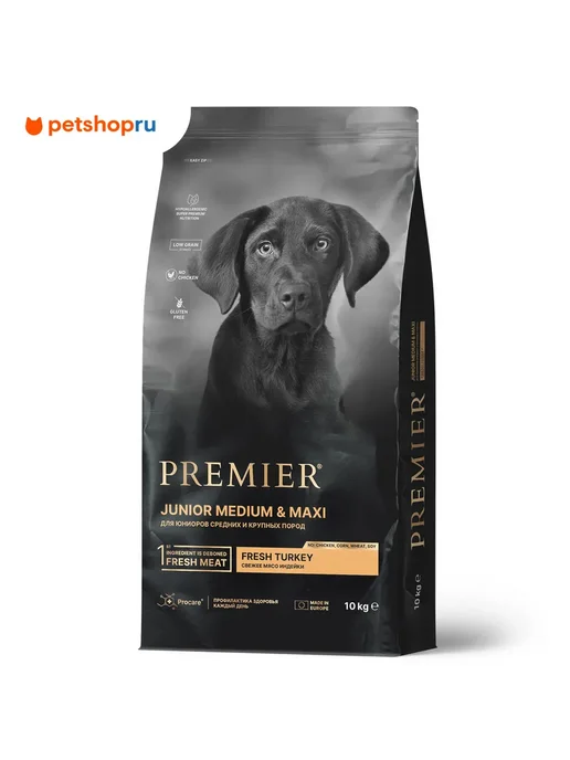 Сухой корм PREMIER для собак, крупные, средние, щенки, индейка, 10 кг