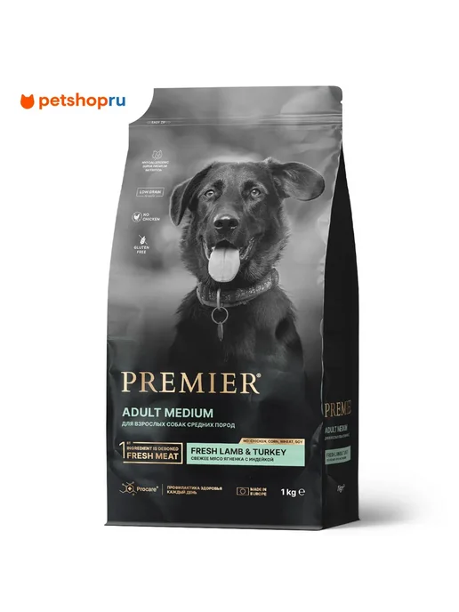 Сухой корм PREMIER для собак, средние, индейка, ягненок, 1 кг