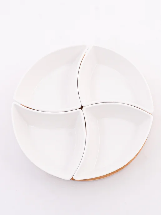 Менажница фарфоровая белая на деревянной подставке - фото 10