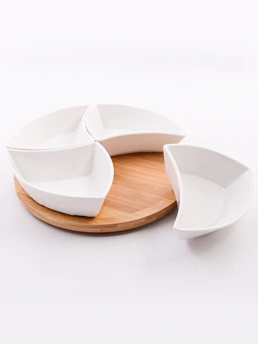 Менажница фарфоровая белая на деревянной подставке - фото 13