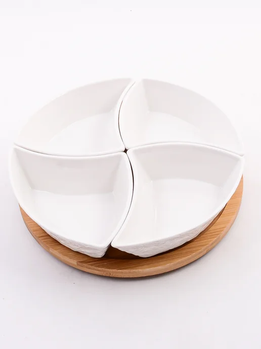 Менажница фарфоровая белая на деревянной подставке - фото 9