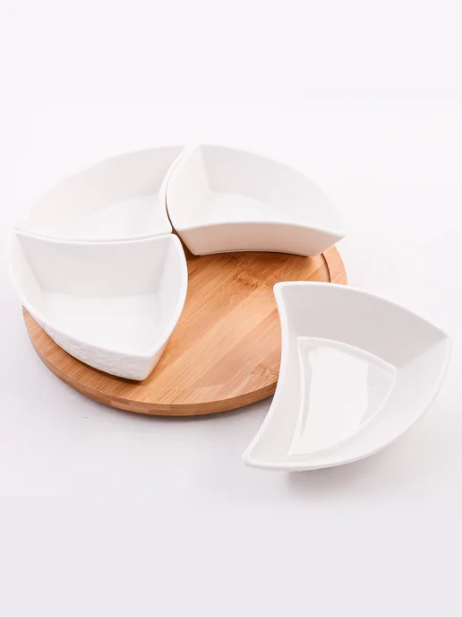 Менажница фарфоровая белая на деревянной подставке - фото 11