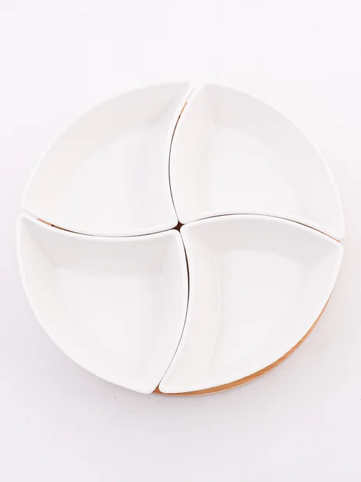 Менажница фарфоровая белая на деревянной подставке - фото 9