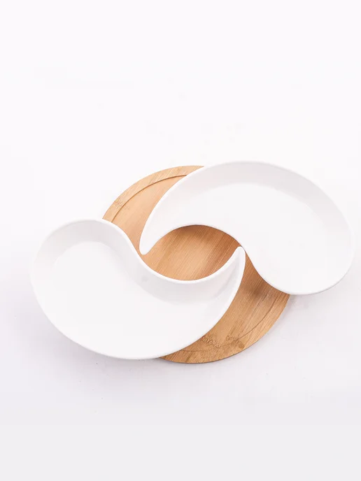 Менажница фарфоровая белая на деревянной подставке - фото 13