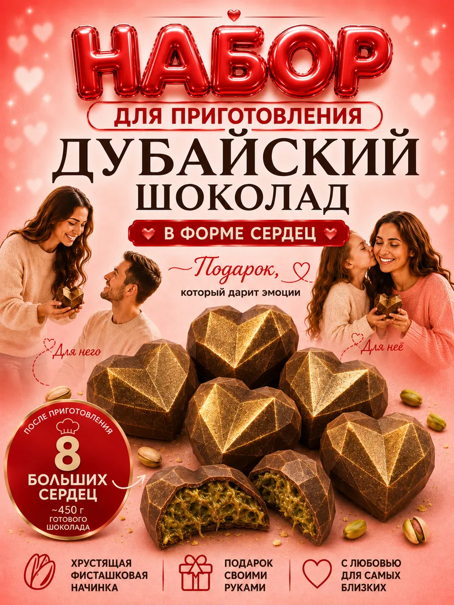 Набор для приготовления Дубайского шоколада Сердца Подарок