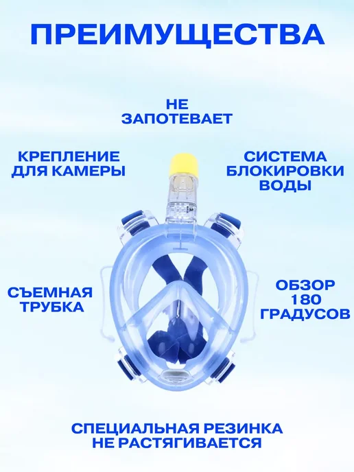 Маска для плавания и снорклинга взрослая полнолицевая L-XL, синий, фото 4