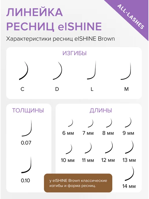 elShine Ресницы темно-коричневые brown 16 лент C 0,10 7-14, коричневый, фото 5