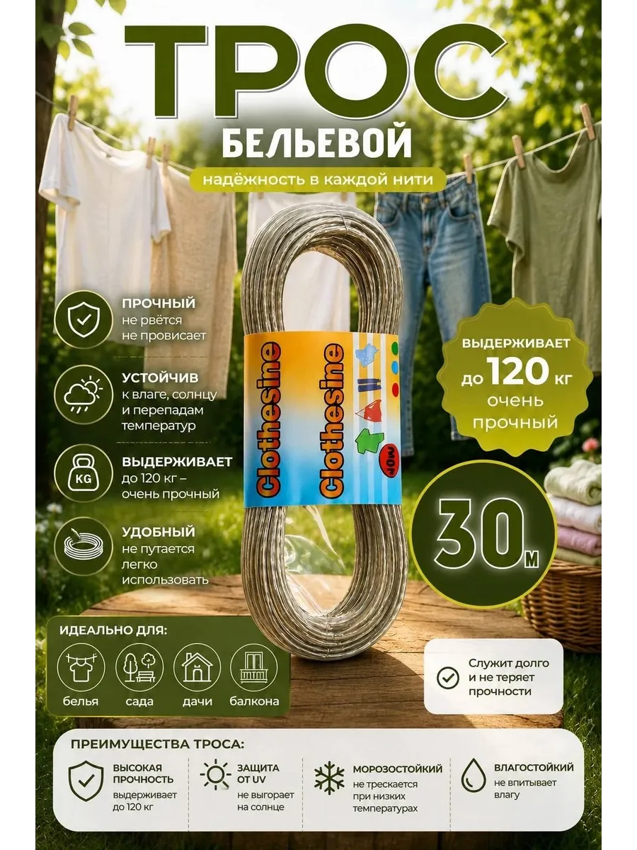 Веревка бельевая 30 м, бельевой шнур армированный