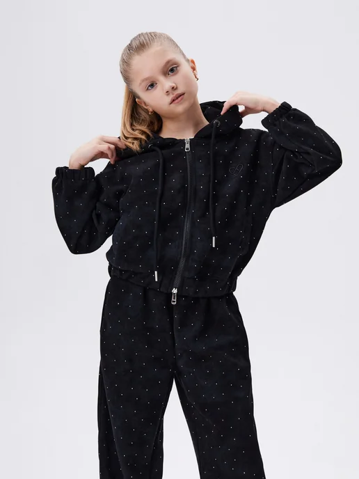 BidsKids Спортивный костюм подростковый со стразами зипка и брюки, черный, фото 2