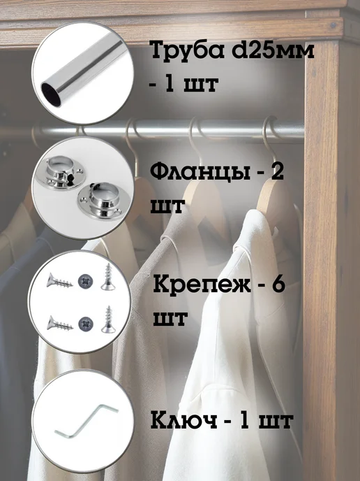 ECO ПОЛКА Штанга для шкафа и вешалок круглая 66 см, серый, фото 2