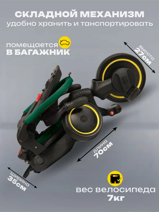 TOPEMOUNT Велосипед трехколесный с ручкой складной CLICK, розовый, зеленый, фото 3
