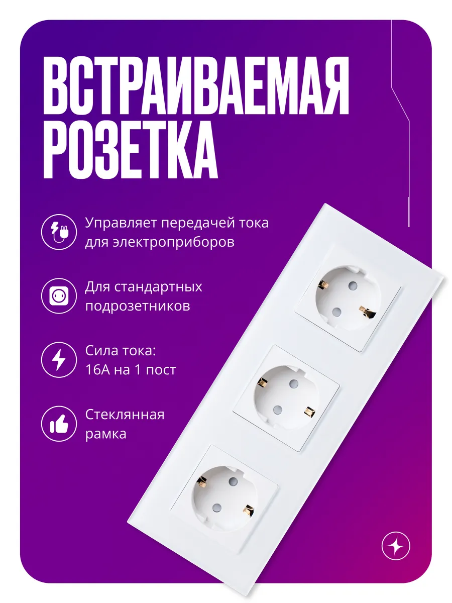 Розетка тройная встраиваемая с заземлением, белая стеклянная