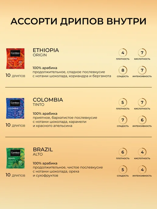 COFFESSO Ассорти молотый дрип кофе, 30 шт. х 10 г, арабика, 30 шт, 10 г, фото 3