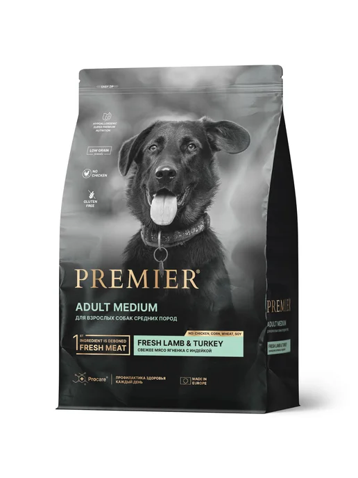 Сухой корм PREMIER для собак, средние, индейка, ягненок, 3 кг